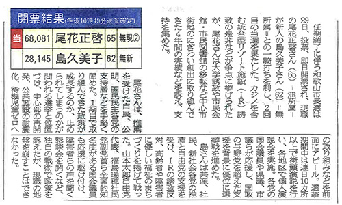 和歌山市長選挙結果 新聞記事